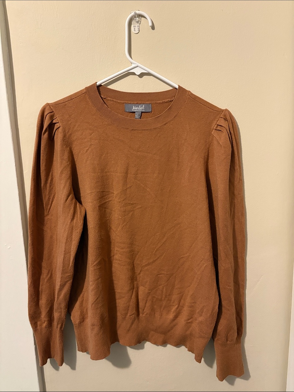 Marled Rust Puff-Shoulder Crewneck Sweater